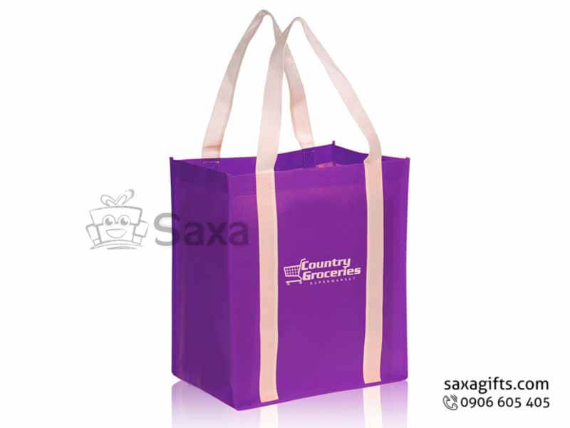 Ecobag with logo printed in box shape and bag strap sewed along