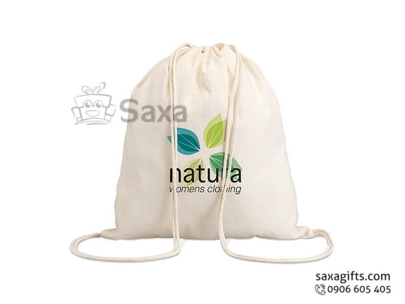 Canvas bag with logo printed in dynamic backpack drawstring form