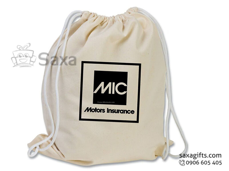 Canvas bag with logo printed in dynamic backpack drawstring form