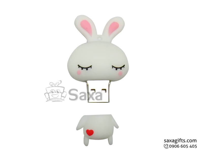 Rubber USB with removable cap in 3D white rabbit shape