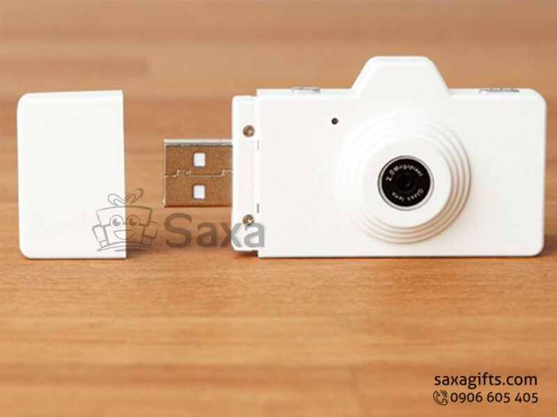 Unique USB with logo printed on plastic white camera shape