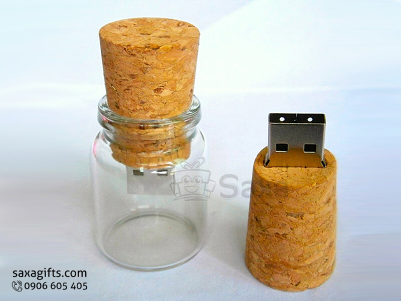 Wooden USB removable cap in crystal jar with a cork shape