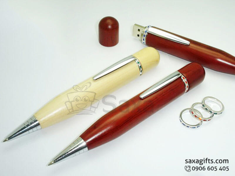 Wooden USB pen with logo printed 2IN1 and metal clip