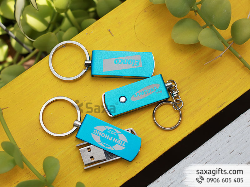 Metal USB with logo printed, 360 degree rotation and keychain