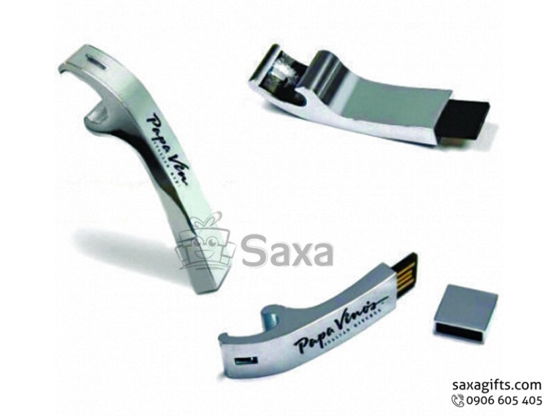 Metal USB with logo printed, removable cap and in beer opener shape