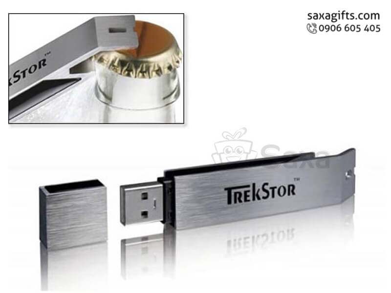 Metal USB with logo printed, removable cap and in beer opener shape