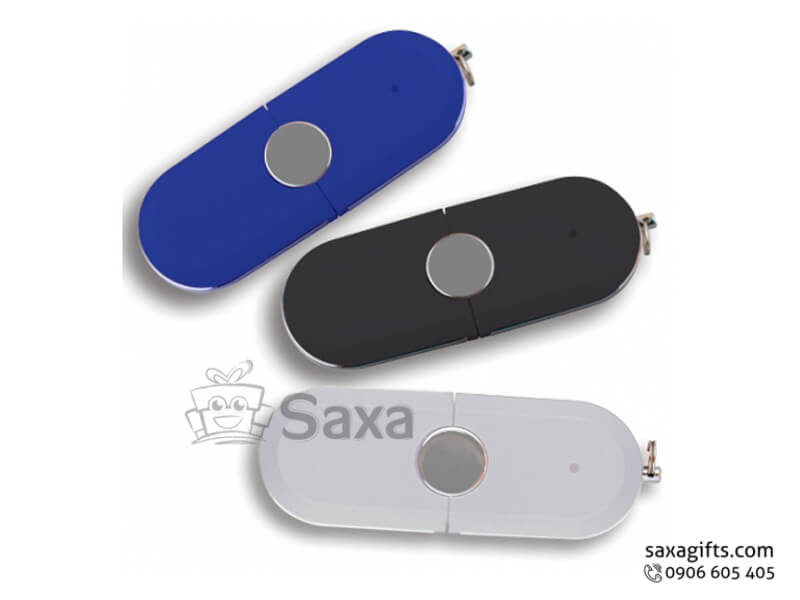 Plastic USB with logo printed, removable cap, keychain in blue colour