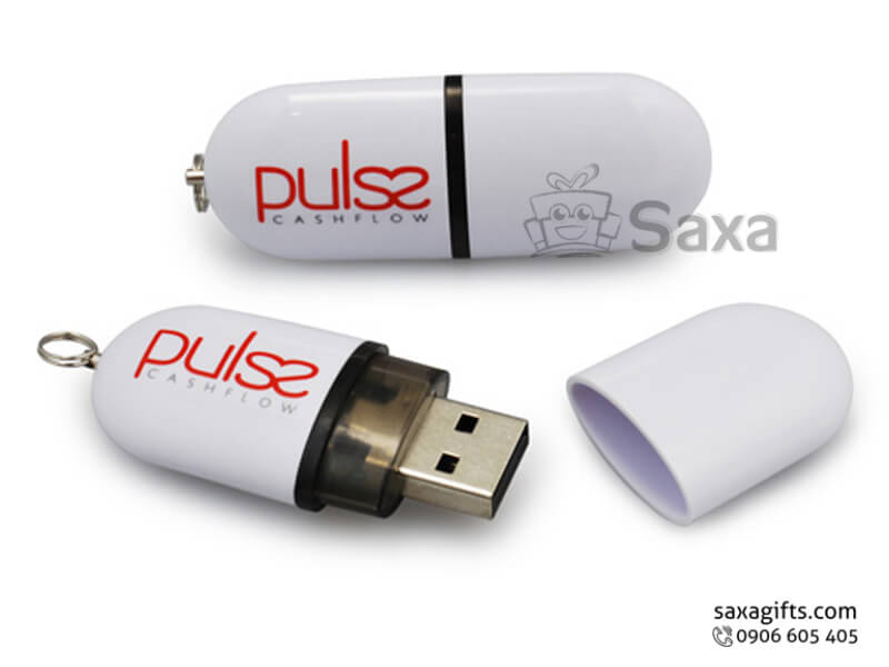 Plastic USB with logo printed, removable cap in pill shape