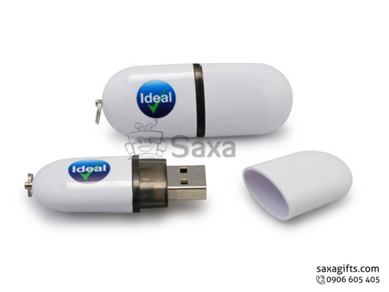 Plastic USB with logo printed, removable cap in pill shape