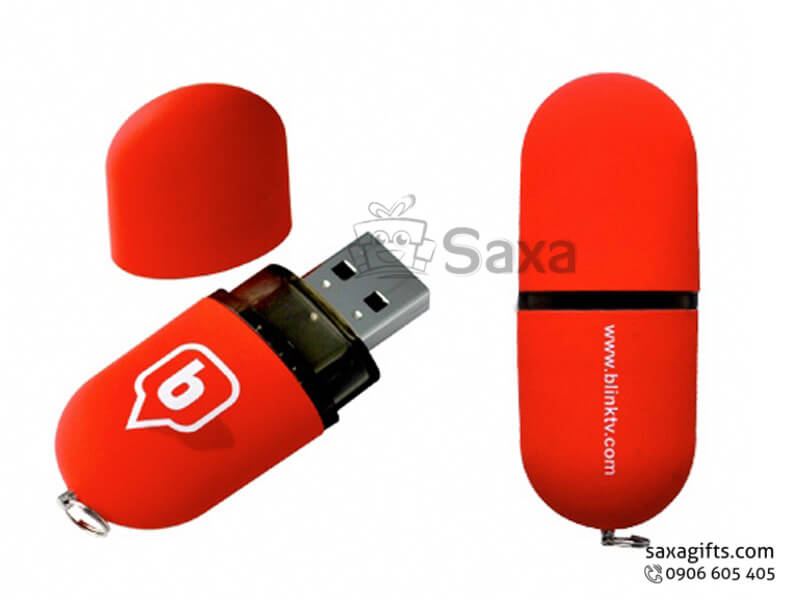 Plastic USB with logo printed, removable cap in pill shape