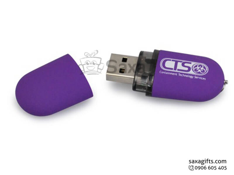 Plastic USB with logo printed, removable cap in pill shape