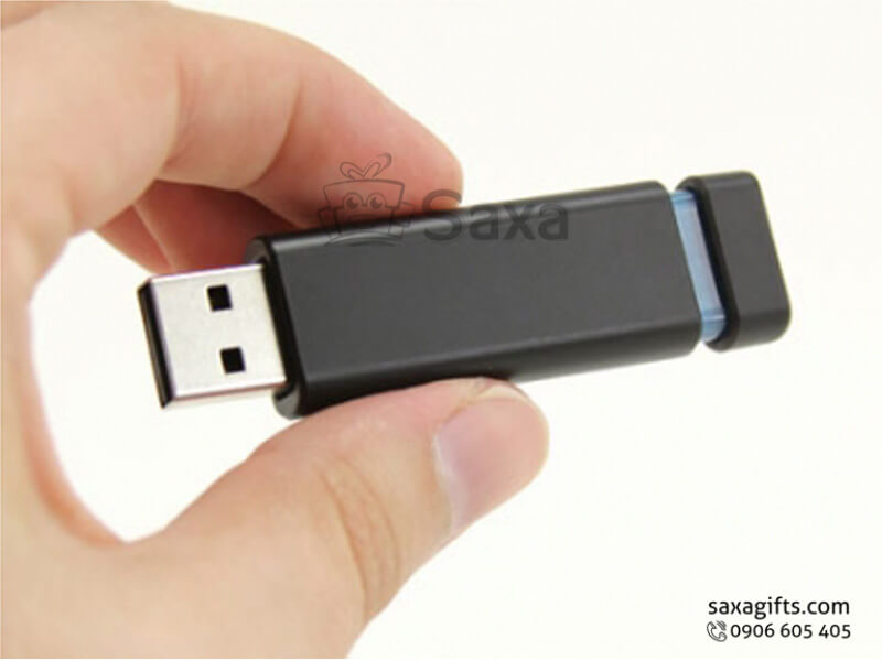 Plastic USB with logo printed in sliding bar at the bottom