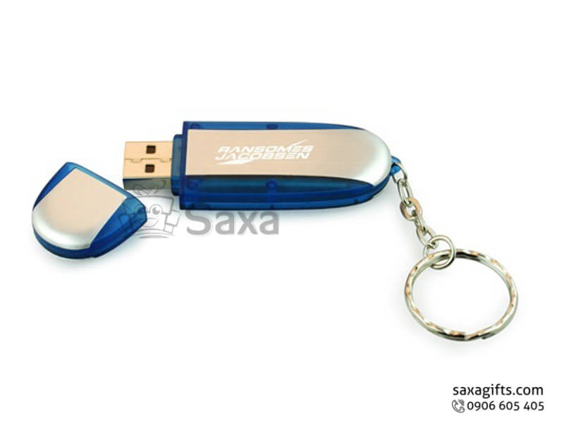 Plastic USB with logo printed, removable cap and rounded corners