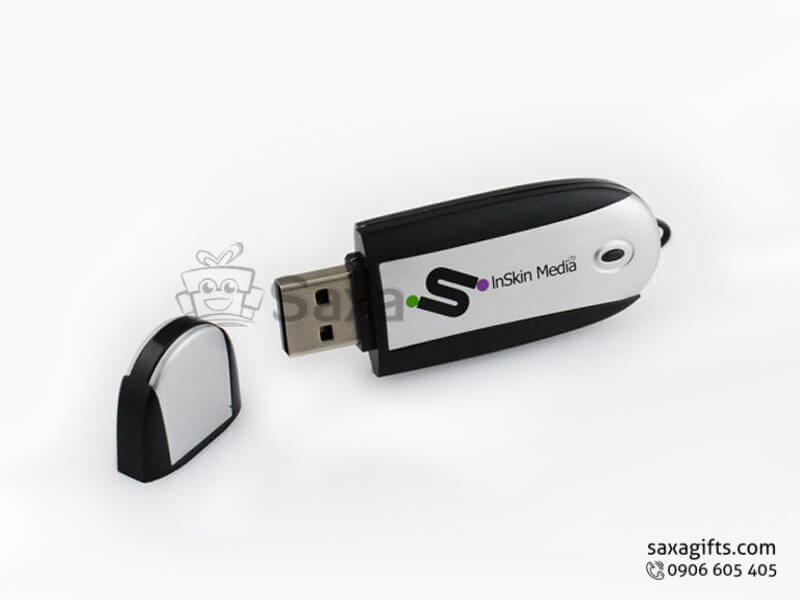 Plastic USB with logo printed, removable cap and rounded corners