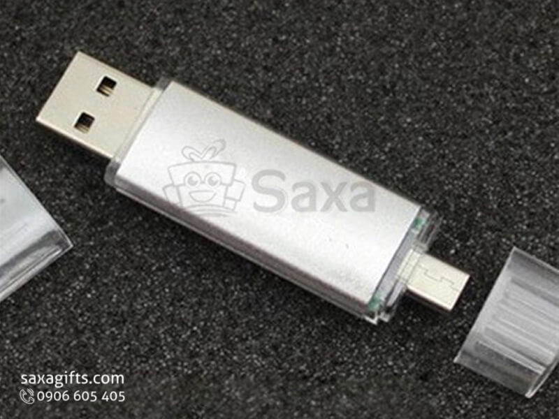 On the go USB with logo printed, removable caps and grey matte paint