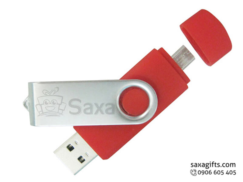 On the go USB with logo printed, rotated, plastic and metal mixed red cap