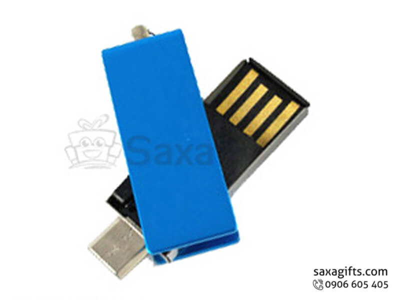 On the go USB with logo printed, 360 rotating cap from blue metal