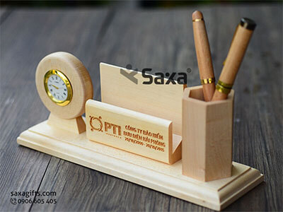 Wooden desk gift with logo printed 3in1: pen holding jar ± namecard holder ± clock