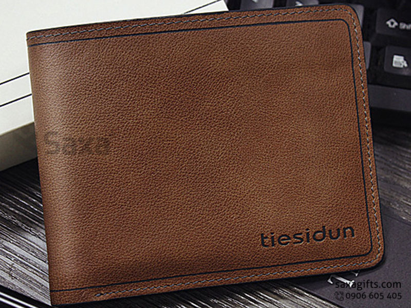 Leather wallet with logo printed for male in brown