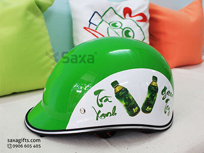 Promotion helmet with Tra Xanh Green Tea logo printed