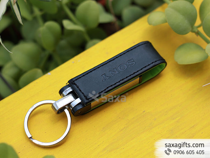 Leather USB with Sony logo stamped and keychain