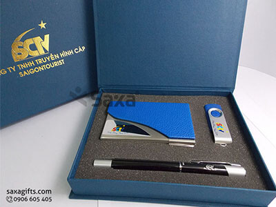 Bộ quà tặng giftset: Bút ký + Hộp namecard + Usb xoay in logo SCTV