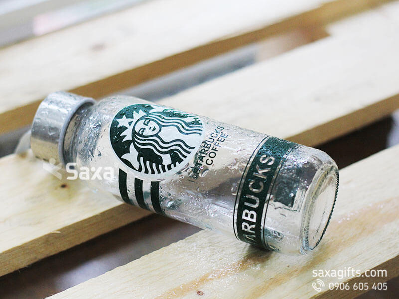 Sport water bottle with Starbucks logo printed, made from glass