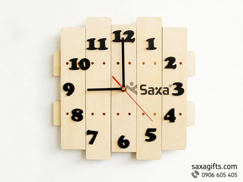 Clock with logo printed made from wood in big wood bars joint form