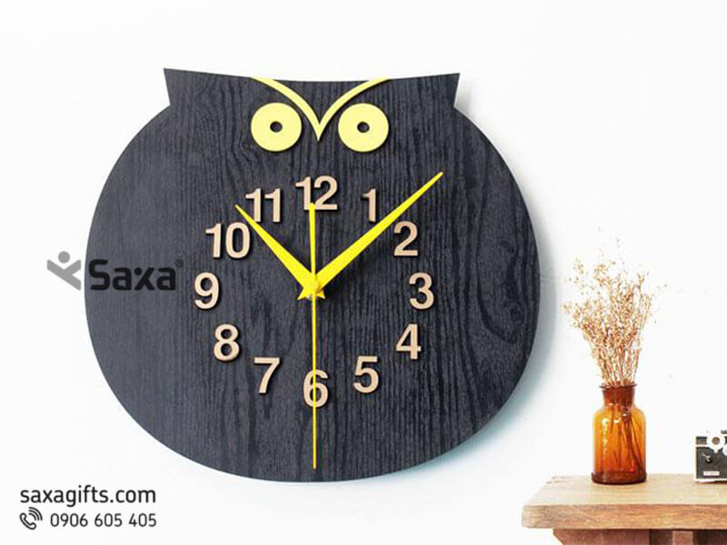 Clock with logo printed made from wood in stylish owl shape