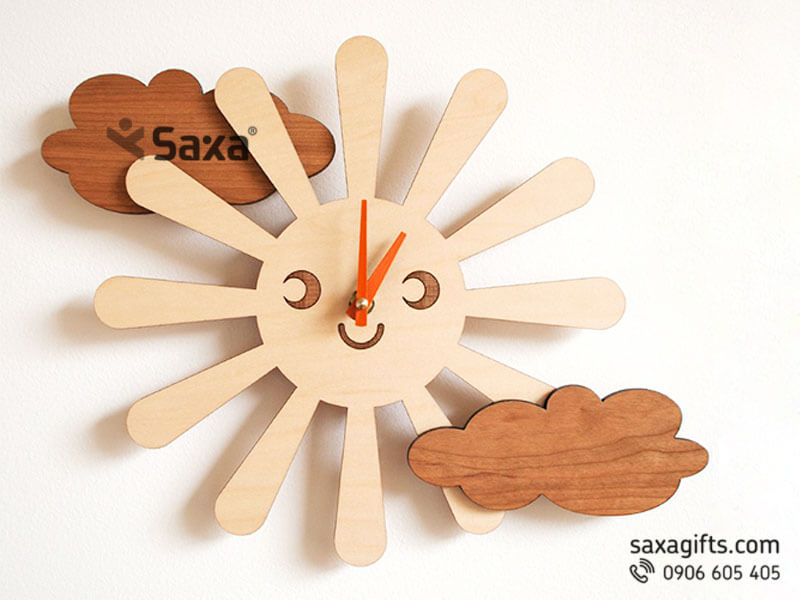 Clock with logo printed made from wood in Sun and clouds shape