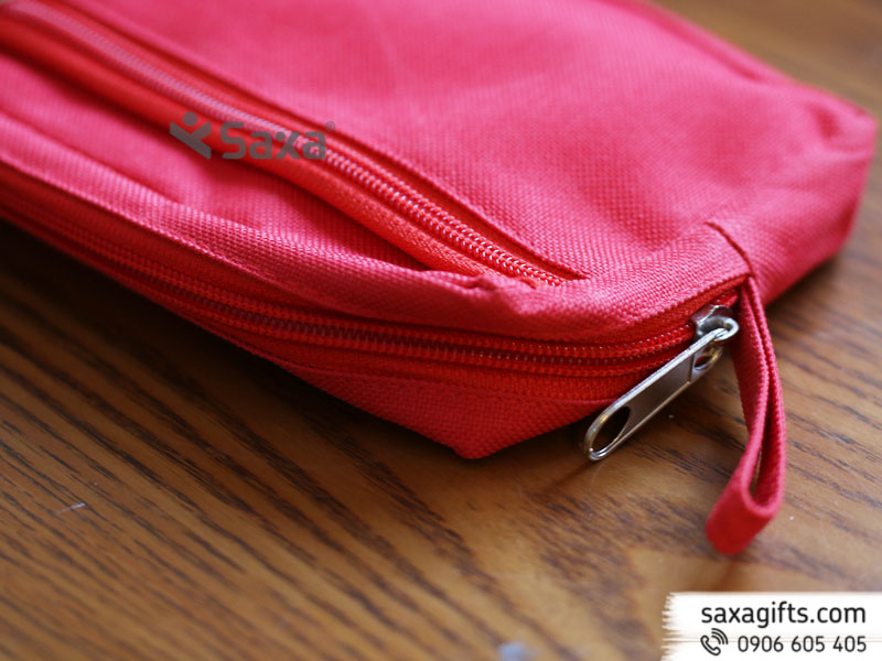 The zipper pen case made of fabric with red color and embroidered AIA logo – Sample 2