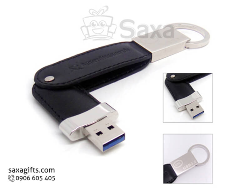 USB vỏ da in logo có móc khóa xoay 360 độ