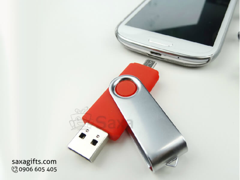 Usb on the go in logo nắp xoay nhựa phối kim loại màu đỏ