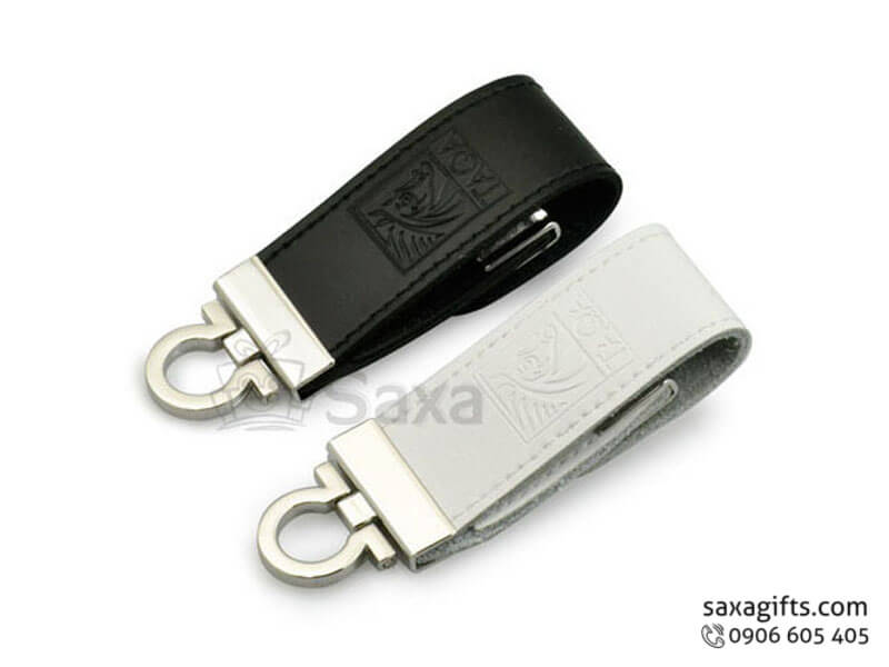 USB vỏ da in logo có móc khóa nút bấm màu xám/đen