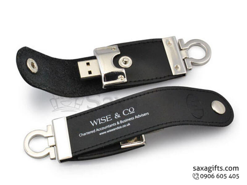 USB vỏ da in logo có móc khóa nút bấm màu xám/đen