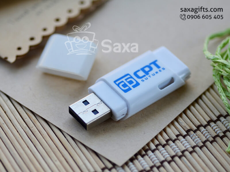 USB nhựa in logo nắp rời có móc khóa màu trắng