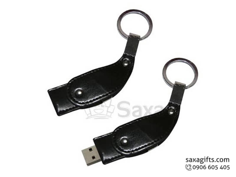 USB vỏ da in logo có móc khóa xoay 360 độ hình tù và