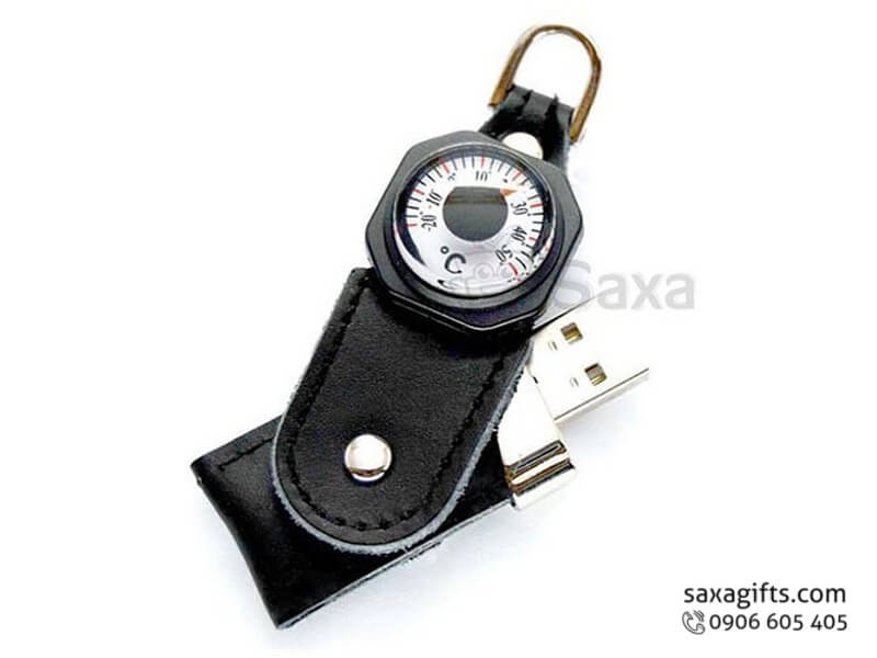 USB vỏ da in logo có móc khóa và đồng hồ đo nhiệt độ