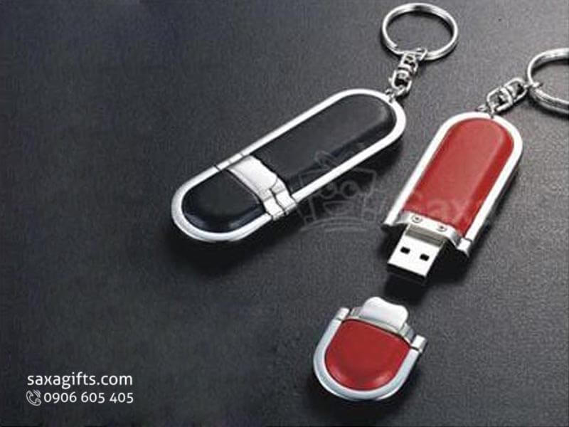 USB vỏ da in logo nắp rời phối da có móc khóa