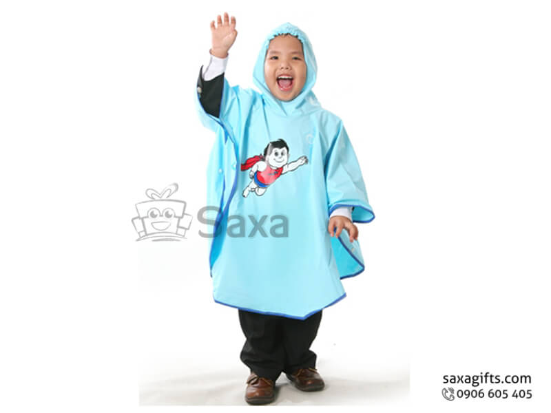 Áo mưa trẻ em in logo màu xanh viền xanh đậm