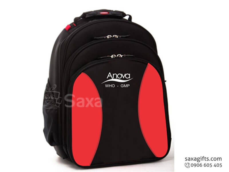 Balo laptop in logo vải dù 3 tầng màu đen phối đỏ của Anova