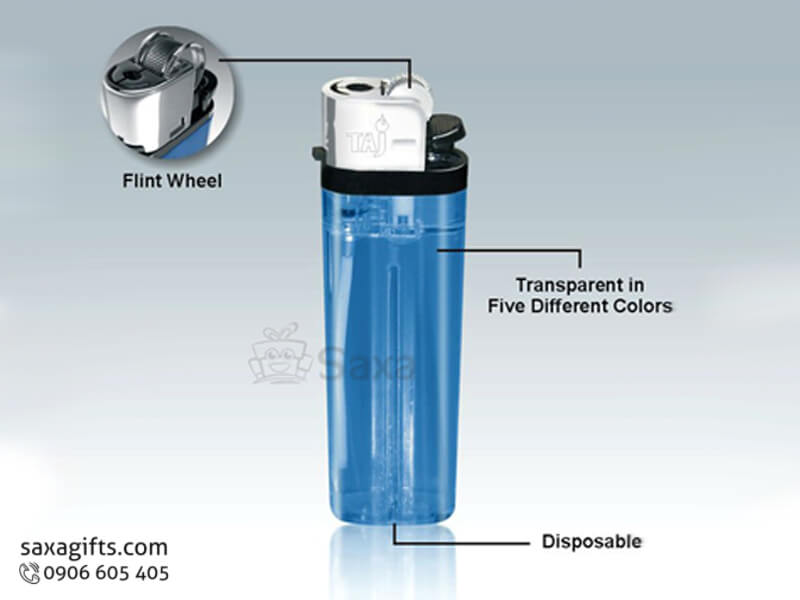Bật lửa in logo quảng cáo phối nhựa màu xanh trong
