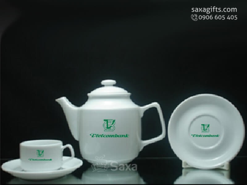 Bộ ấm trà in logo gốm sứ in lụa nhiều màu