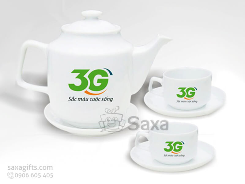 Bộ ấm trà in logo gốm sứ in lụa nhiều màu