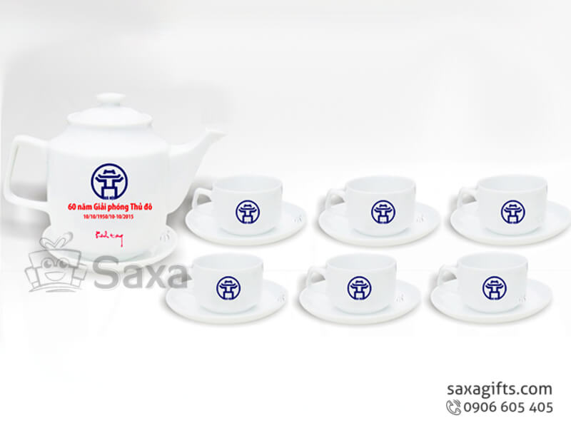 Bộ ấm trà in logo gốm sứ in lụa nhiều màu