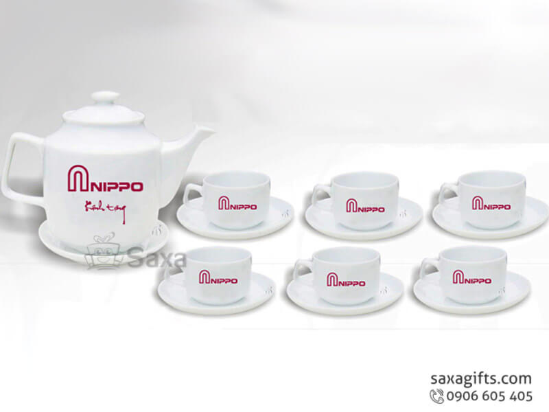 Bộ ấm trà in logo gốm sứ in lụa nhiều màu