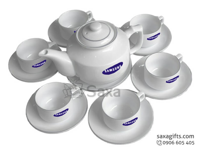 Bộ ấm trà in logo gốm sứ in lụa nhiều màu