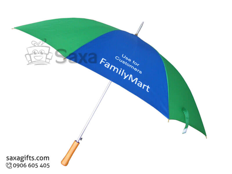 Dù cầm tay in logo cán thẳng tay cầm bằng gỗ múi dù phối màu