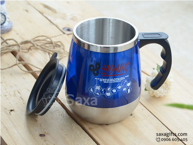 Ly giữ nhiệt in logo inox có nắm đậy kiểu thân bầu