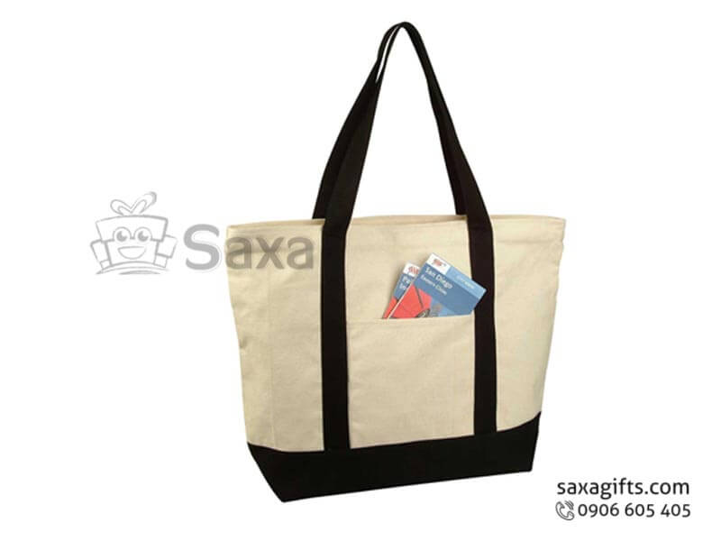 Túi vải canvas in logo dạng xách tay phối màu quai cá tính
